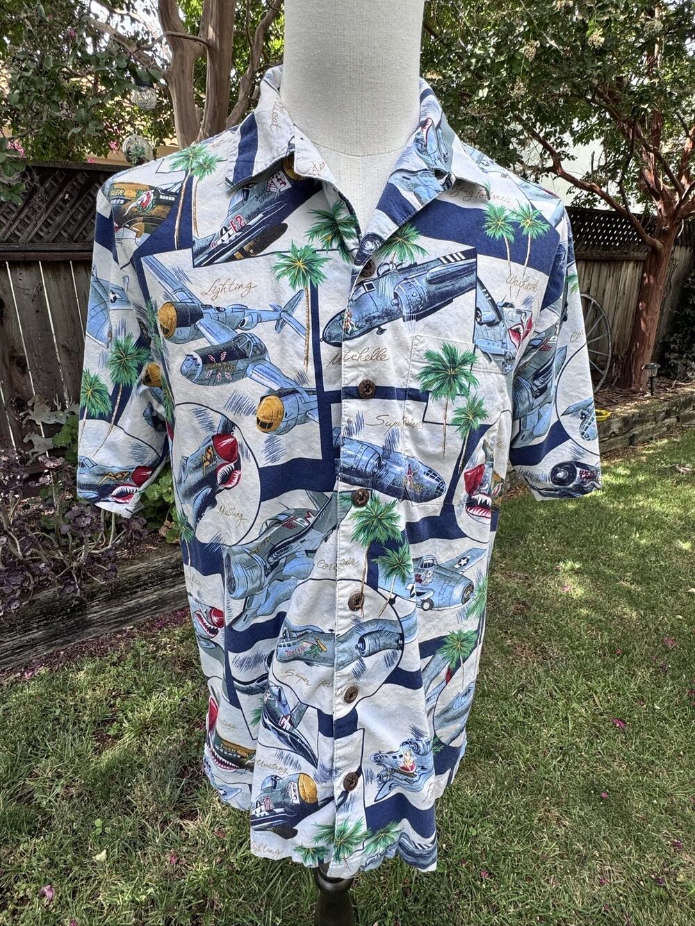 Vtg Koko Island Hawaiian Shirt L Short Sleeve Airplane Print Button Down USA